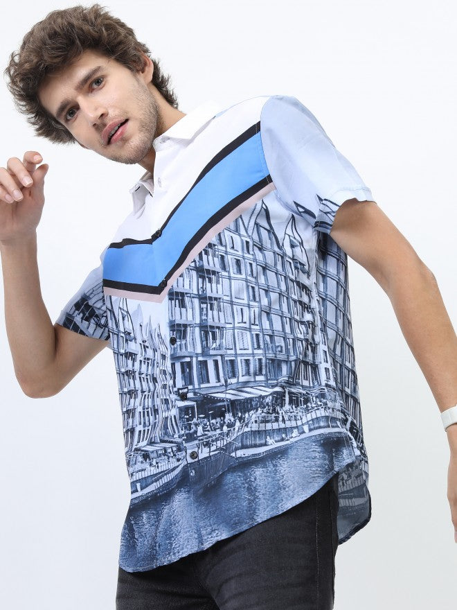 Highlander Men White/Grey Slim Fit Printed Casual Shirt - White - Image 1