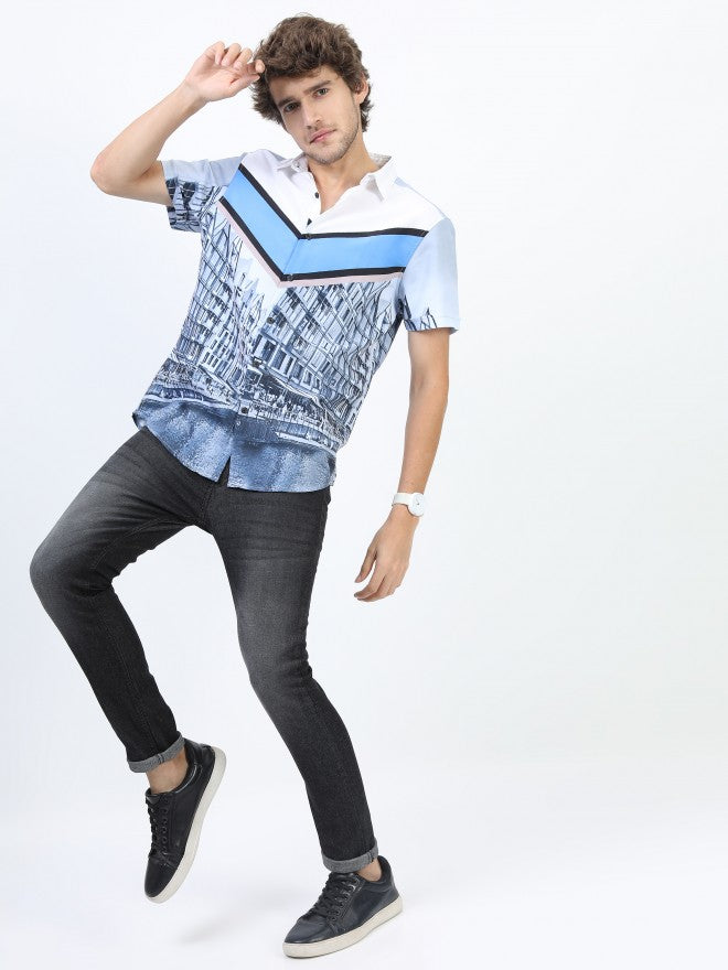 Highlander Men White/Grey Slim Fit Printed Casual Shirt - White - Image 2
