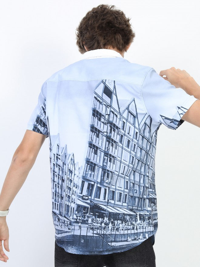 Highlander Men White/Grey Slim Fit Printed Casual Shirt - White - Image 3