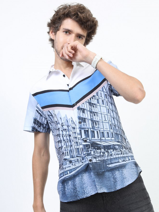 Highlander Men White/Grey Slim Fit Printed Casual Shirt - White - Image 4
