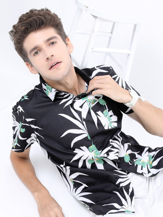 Highlander Men Black/Green Slim Fit Printed Casual Shirt - Black - Image 1