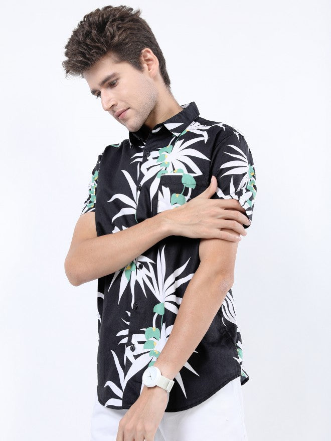 Highlander Men Black/Green Slim Fit Printed Casual Shirt - Black - Image 4