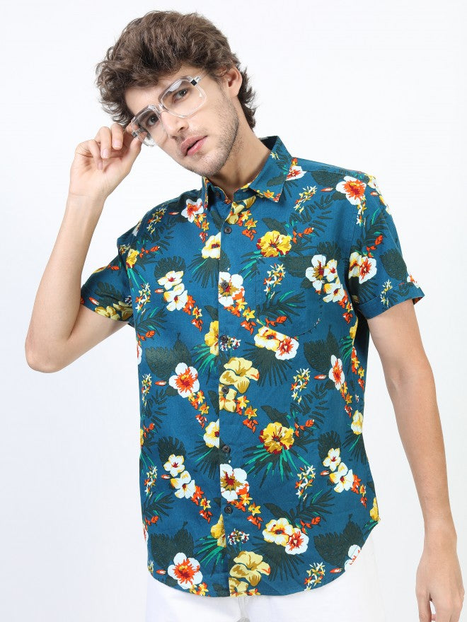 Highlander Men Teal Slim Fit Printed Casual Shirt - Teal - Image 1