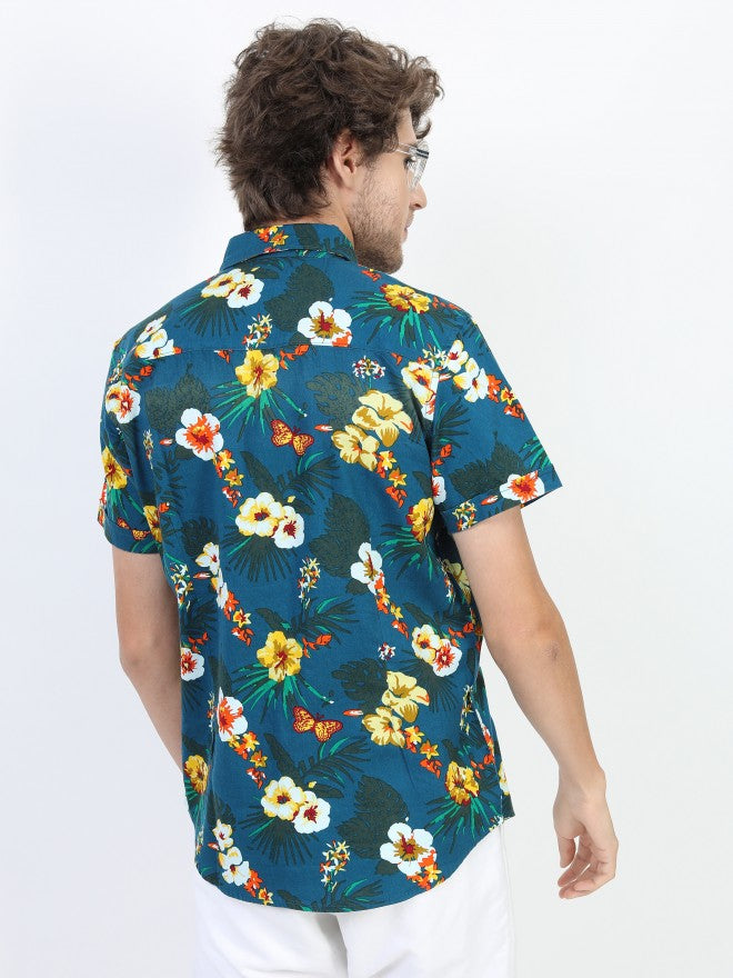 Highlander Men Teal Slim Fit Printed Casual Shirt - Teal - Image 3