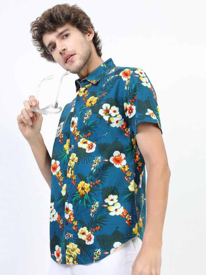 Highlander Men Teal Slim Fit Printed Casual Shirt - Teal - Image 4