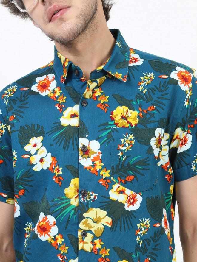 Highlander Men Teal Slim Fit Printed Casual Shirt - Teal - Image 5