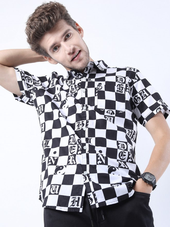 Highlander Men Black/White Slim Fit Printed Casual Shirt - Black - Image 1