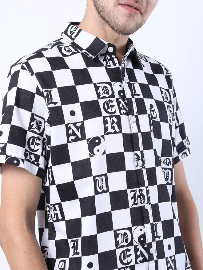 Highlander Men Black/White Slim Fit Printed Casual Shirt - Black - Image 4
