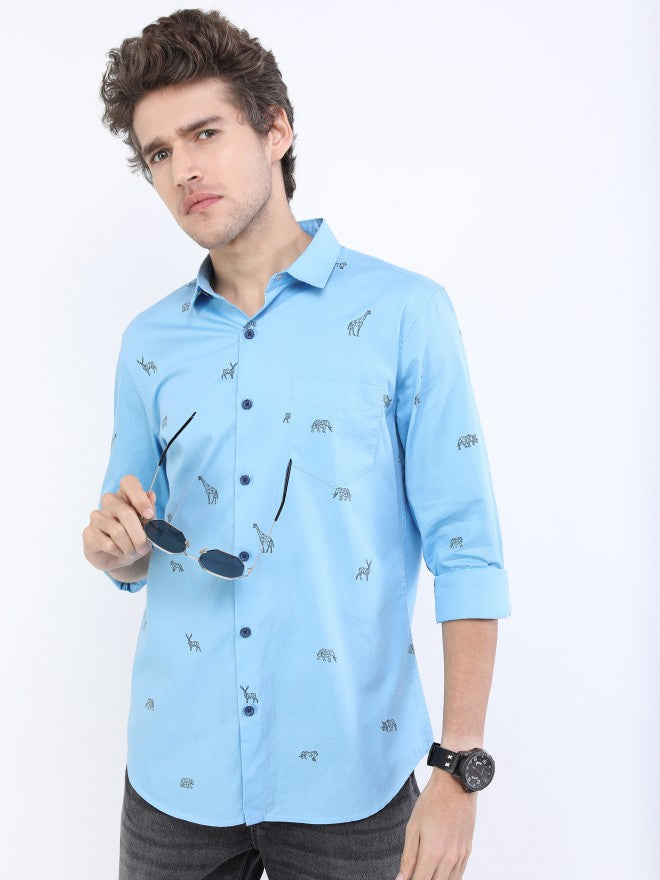 Highlander Men Blue Printed Slim Fit Casual Shirt - Blue - Image 1