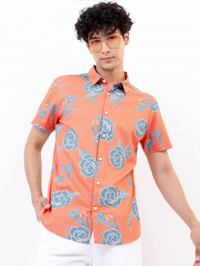 Highlander Men Coral Slim Fit Casual Shirt - Peach - Image 1