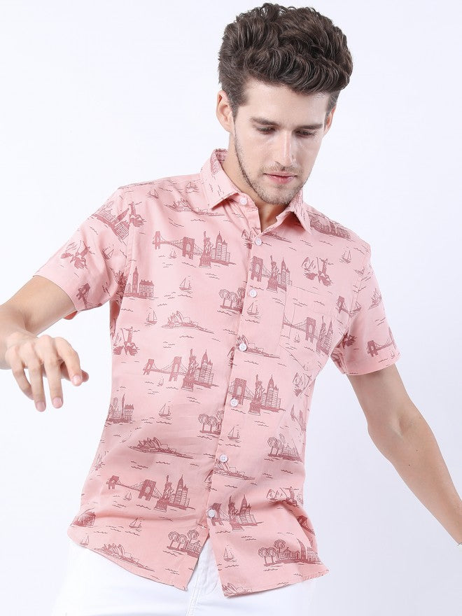 Highlander Men Pink Printed Slim Fit Casual Shirt - Pink - Image 1