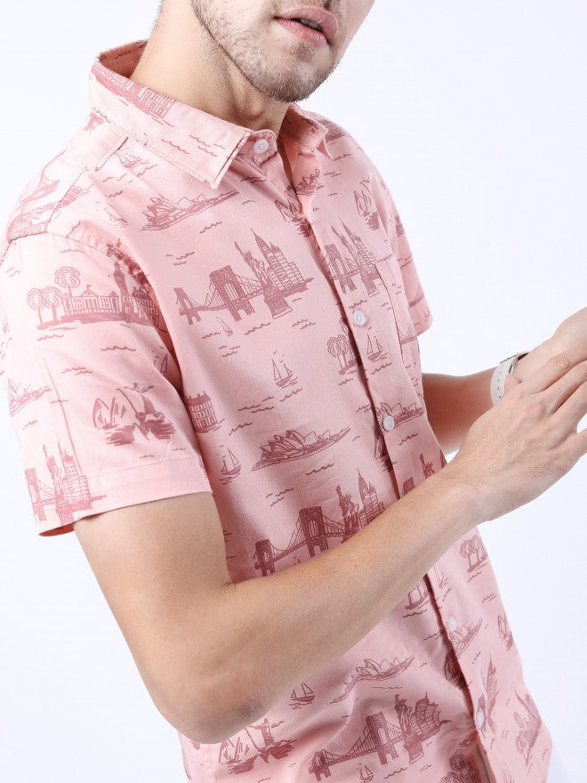 Highlander Men Pink Printed Slim Fit Casual Shirt - Pink - Image 4