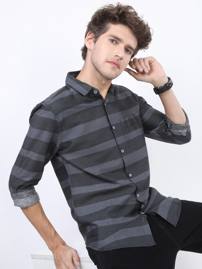 Highlander Men Black/Grey Striped Slim Fit Casual Shirt - Black - Image 1