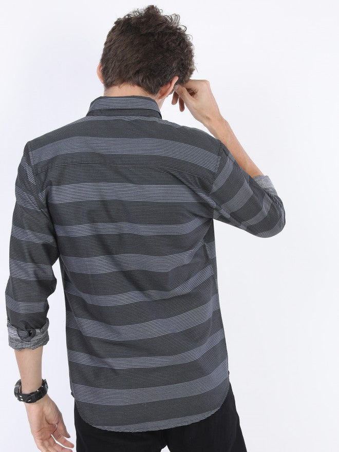 Highlander Men Black/Grey Striped Slim Fit Casual Shirt - Black - Image 3