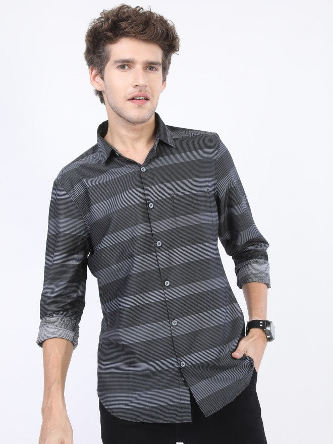 Highlander Men Black/Grey Striped Slim Fit Casual Shirt - Black - Image 4