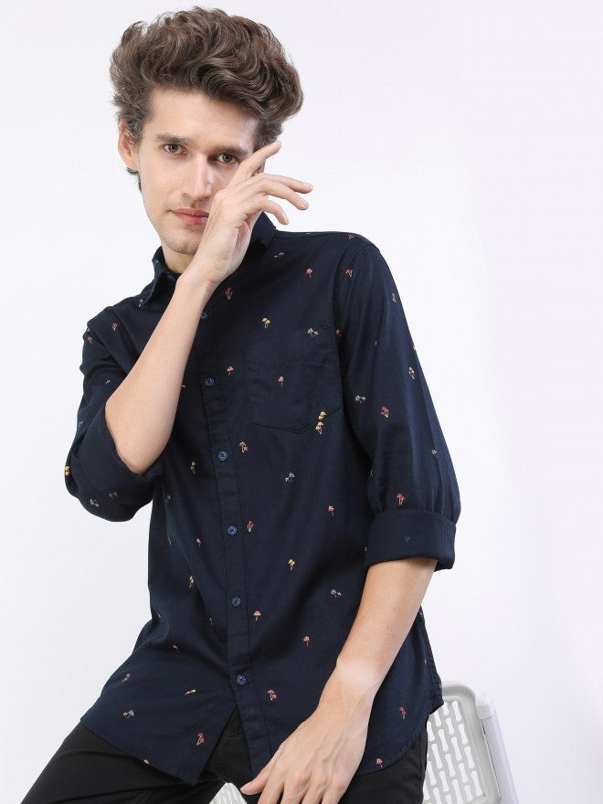 Highlander Men Navy Printed Slim Fit Casual Shirt - Navy Blue - Image 1