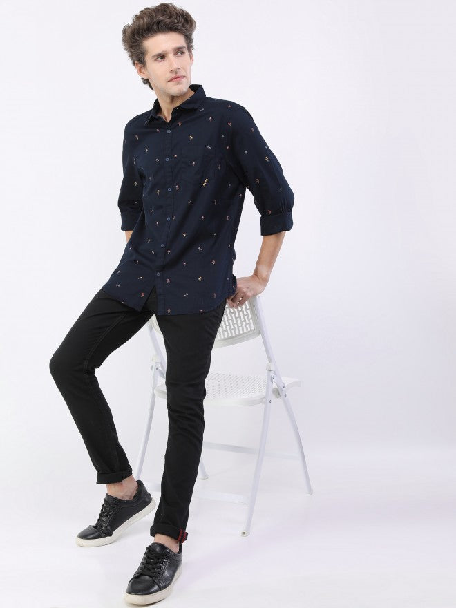 Highlander Men Navy Printed Slim Fit Casual Shirt - Navy Blue - Image 2