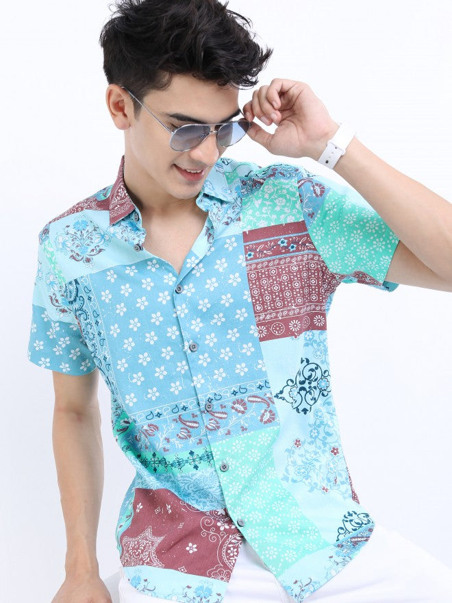 Highlander Men Sea Green/Maroon Slim Fit Casual Shirt - Sage - Image 1