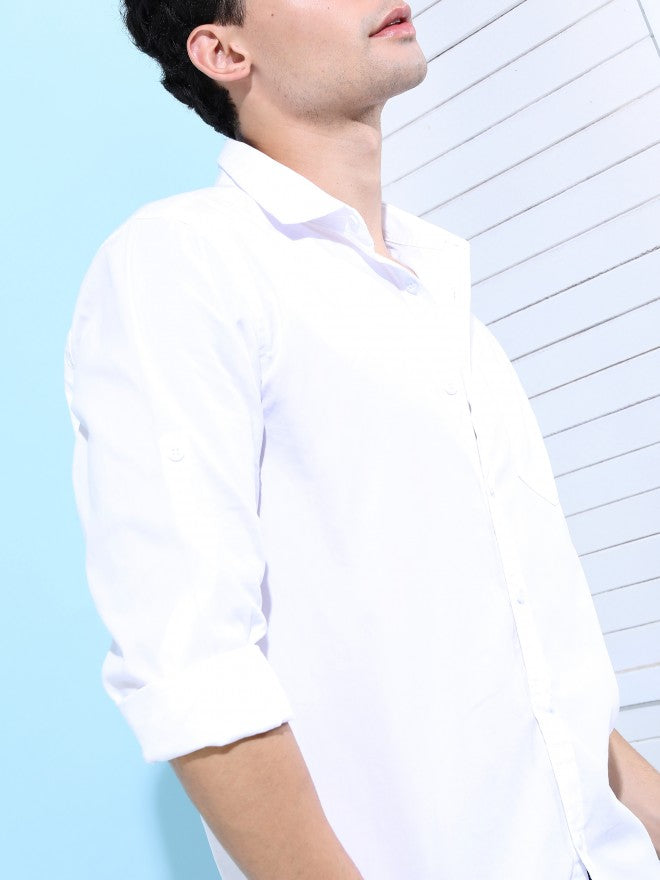 Highlander Men White Solid Slim Fit Casual Shirt - White - Image 4