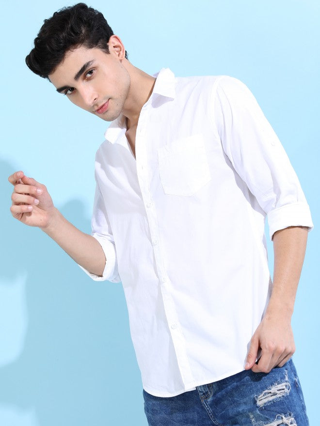 Highlander Men White Solid Slim Fit Casual Shirt - White - Image 6