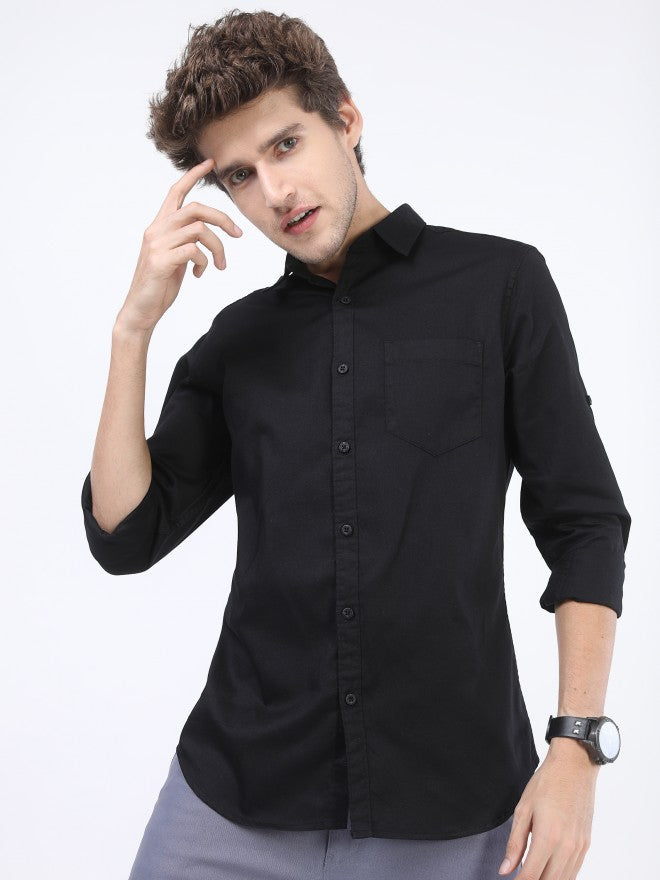 Highlander Men Black Solid Slim Fit Casual Shirt - Black - Image 1