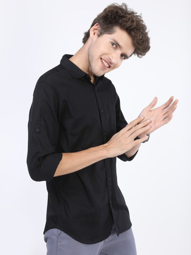 Highlander Men Black Solid Slim Fit Casual Shirt - Black - Image 6