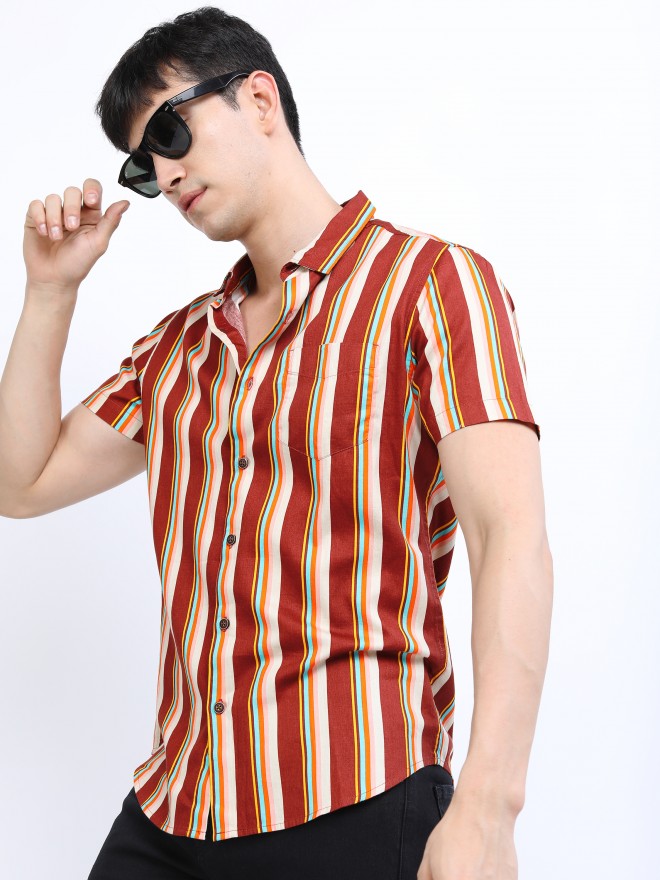 Highlander Men Maroon Striped Slim Fit Casual Shirt - Maroon - Image 1