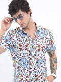 Highlander Men White/Blue Slim Fit Printed Casual Shirt - Multi - Image 1