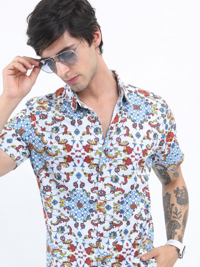Highlander Men White/Blue Slim Fit Printed Casual Shirt - Multi - Image 1