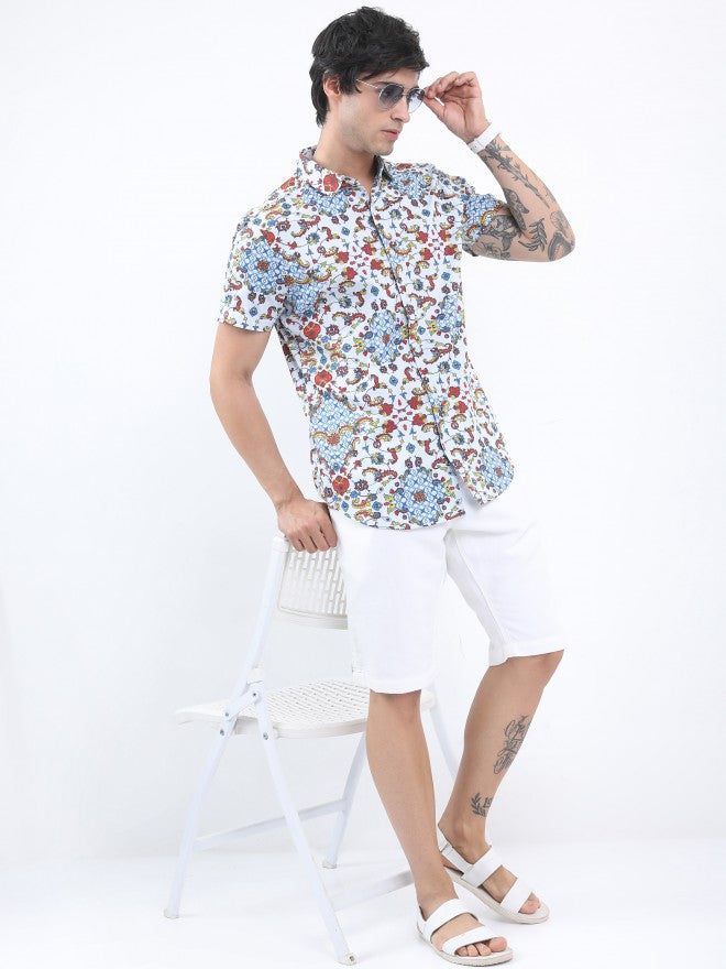 Highlander Men White/Blue Slim Fit Printed Casual Shirt - Multi - Image 2