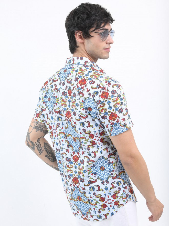 Highlander Men White/Blue Slim Fit Printed Casual Shirt - Multi - Image 3