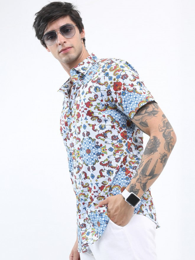 Highlander Men White/Blue Slim Fit Printed Casual Shirt - Multi - Image 4