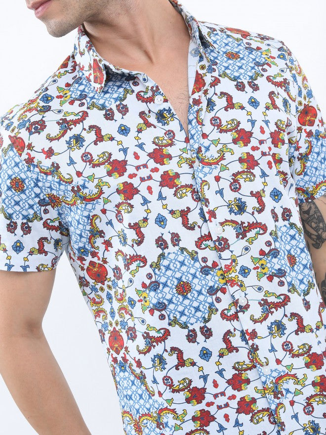Highlander Men White/Blue Slim Fit Printed Casual Shirt - Multi - Image 5
