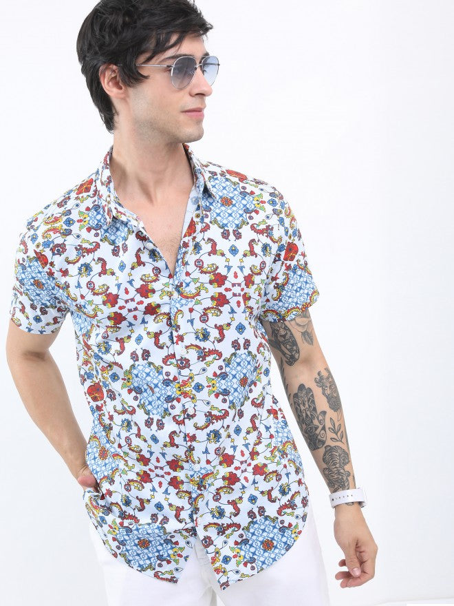 Highlander Men White/Blue Slim Fit Printed Casual Shirt - Multi - Image 6