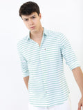 Highlander Men White/Aqua Thick Striped Slim Fit Casual Shirt - White - Image 1