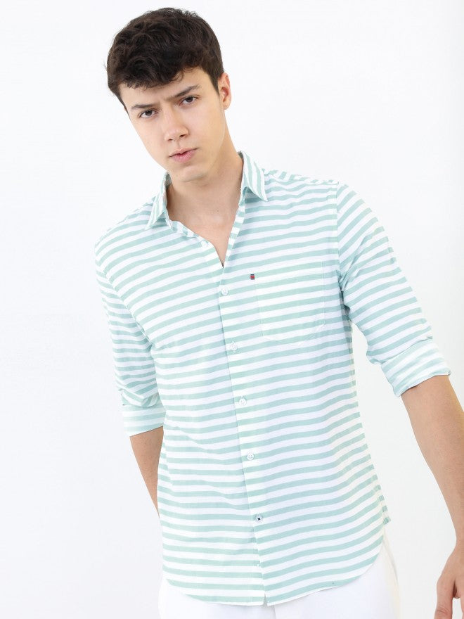 Highlander Men White/Aqua Thick Striped Slim Fit Casual Shirt - White - Image 1