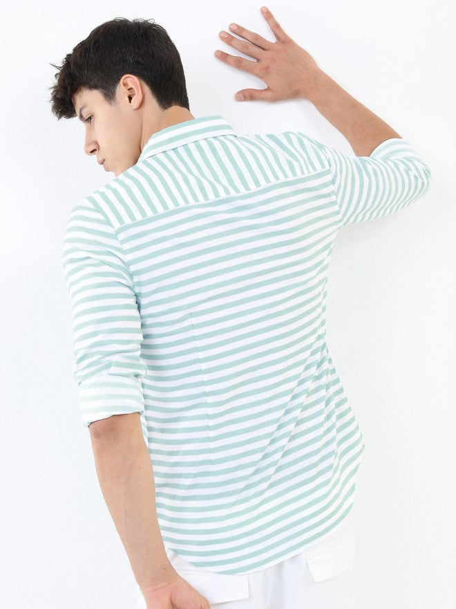 Highlander Men White/Aqua Thick Striped Slim Fit Casual Shirt - White - Image 3