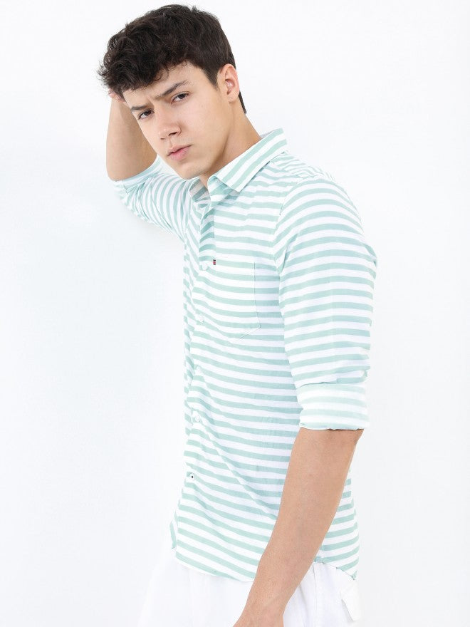 Highlander Men White/Aqua Thick Striped Slim Fit Casual Shirt - White - Image 4