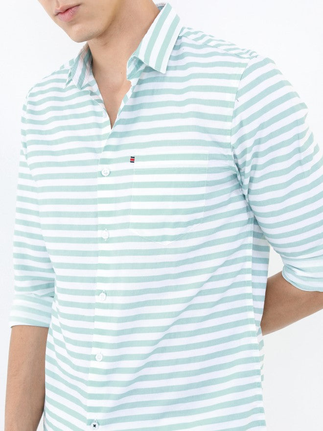 Highlander Men White/Aqua Thick Striped Slim Fit Casual Shirt - White - Image 5