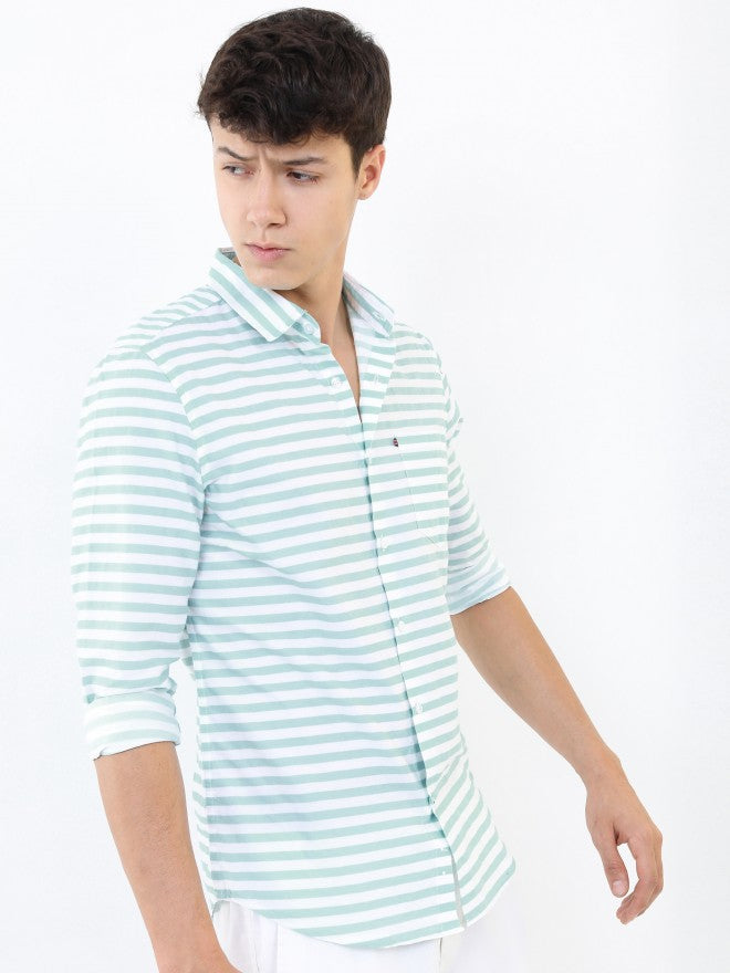 Highlander Men White/Aqua Thick Striped Slim Fit Casual Shirt - White - Image 6