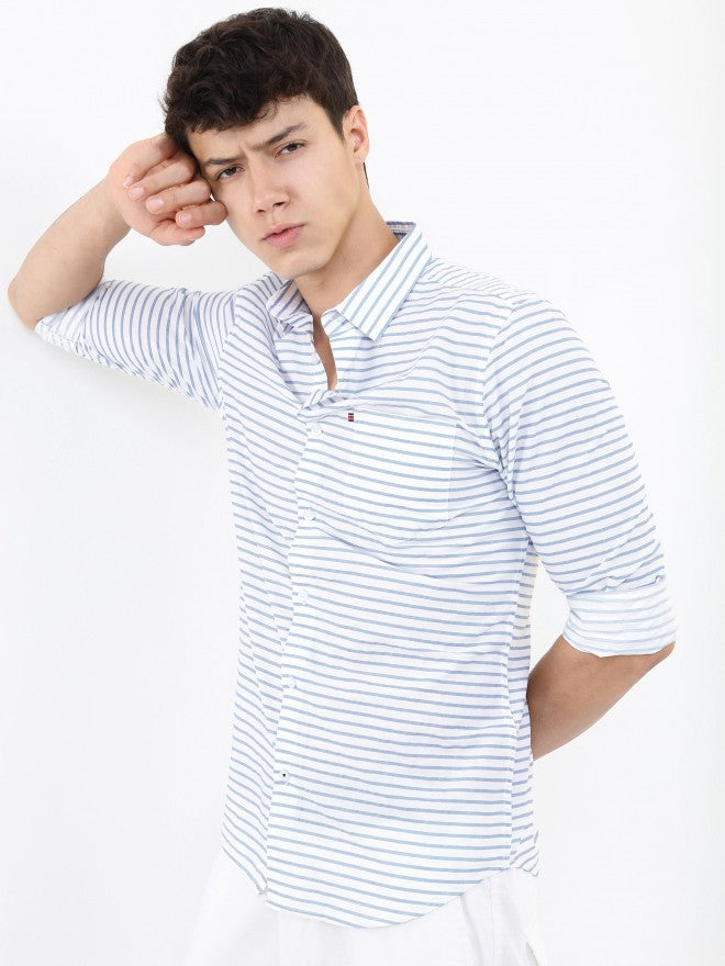 Highlander Men White/Blue Striped Slim Fit Casual Shirt - White - Image 1