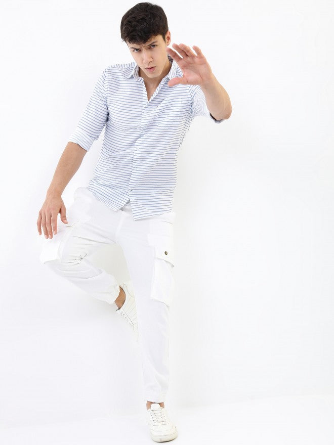 Highlander Men White/Blue Striped Slim Fit Casual Shirt - White - Image 2