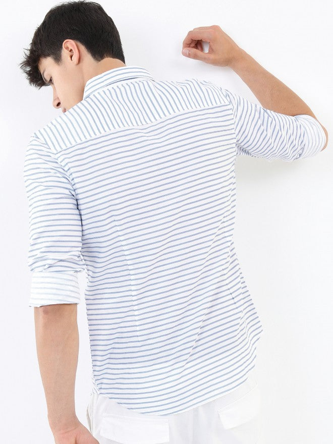 Highlander Men White/Blue Striped Slim Fit Casual Shirt - White - Image 3