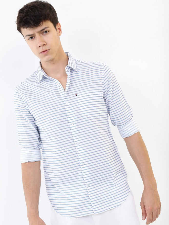 Highlander Men White/Blue Striped Slim Fit Casual Shirt - White - Image 4