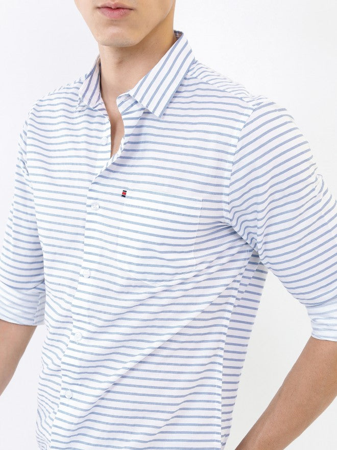 Highlander Men White/Blue Striped Slim Fit Casual Shirt - White - Image 5