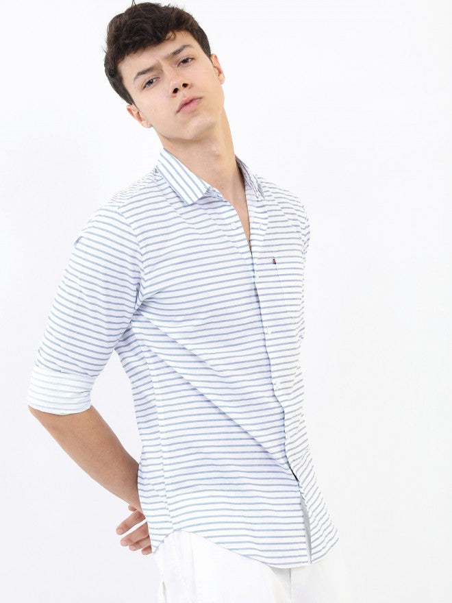 Highlander Men White/Blue Striped Slim Fit Casual Shirt - White - Image 6