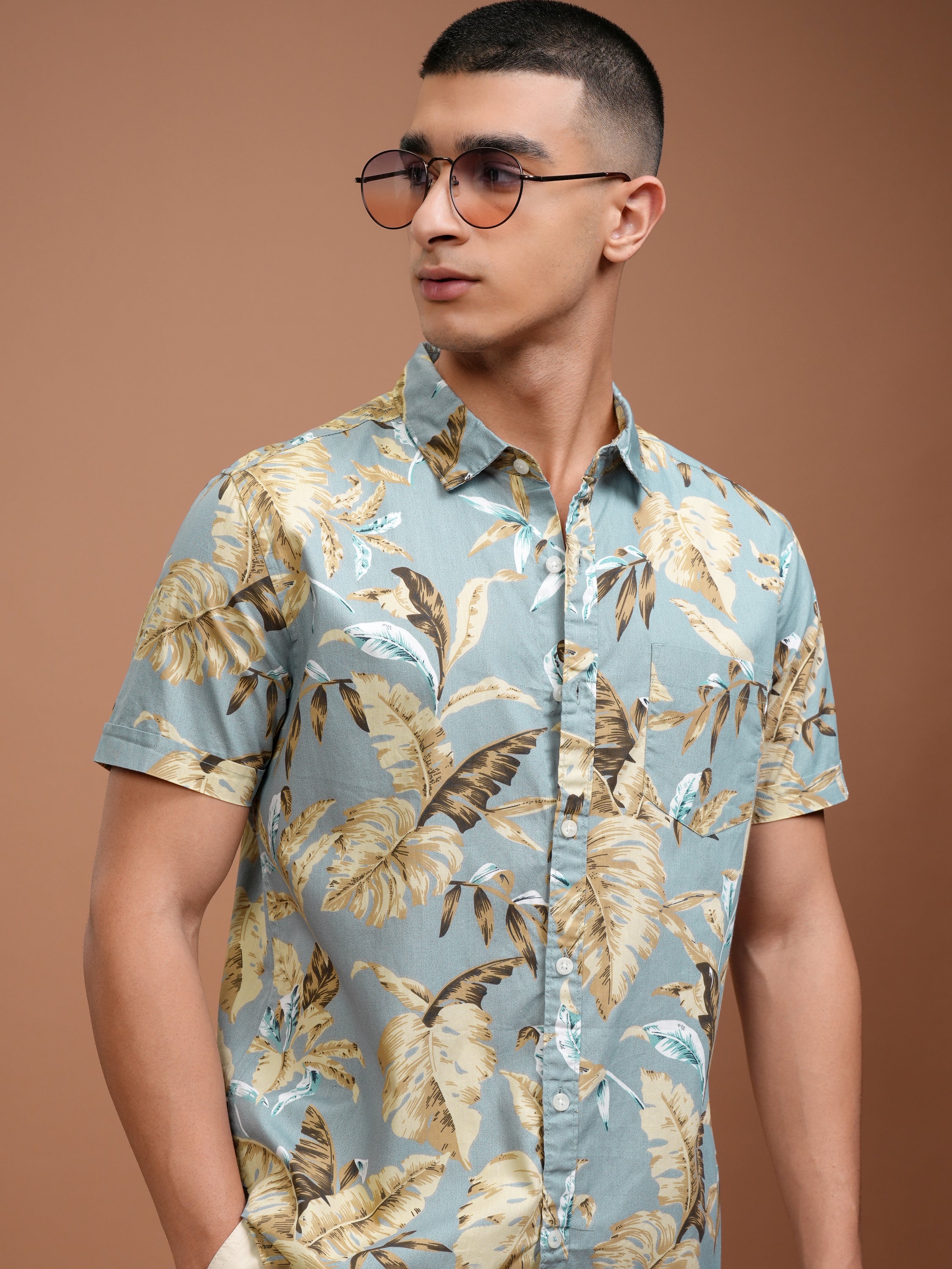 Highlander Men Dusty Mint/Beige Printed Casual Shirt - Green - Image 1
