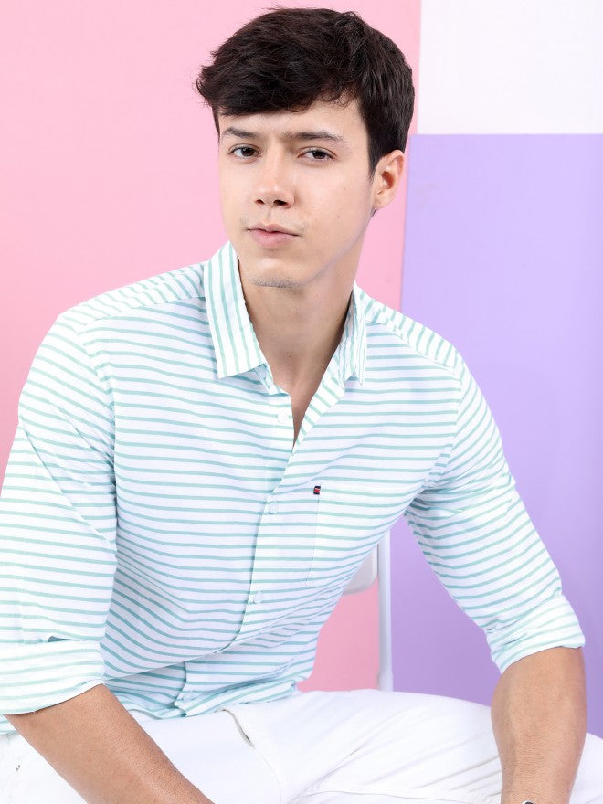 Highlander Men White/Aqua Striped Casual Shirt - White - Image 1