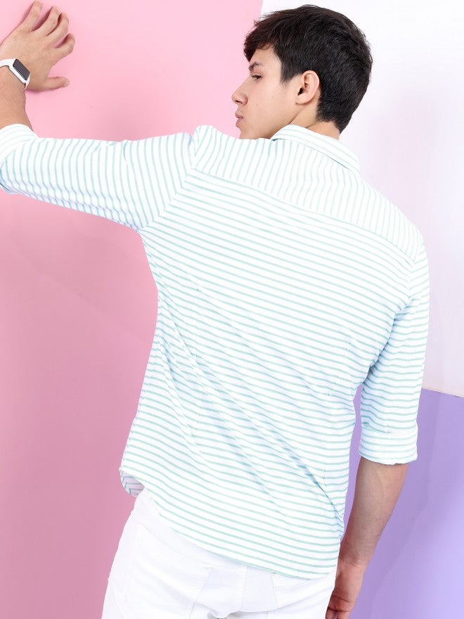 Highlander Men White/Aqua Striped Casual Shirt - White - Image 3