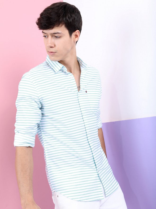 Highlander Men White/Aqua Striped Casual Shirt - White - Image 6